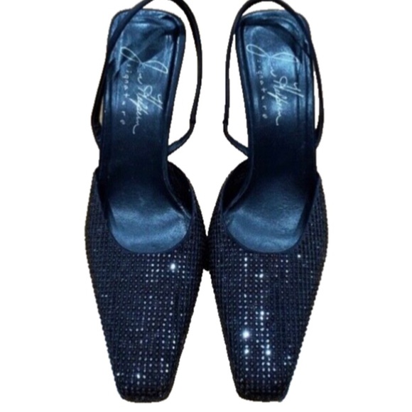 JOAN HELPERNSIGNATURE HEELS 6.5 M, BLK ITALIAN. 3” SWAROVSKI CRYSTALS BLING